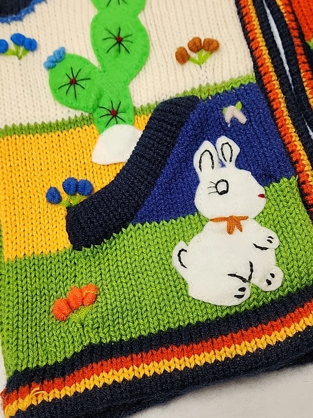 Peruvian Child's Colorful Hand-Knit Hooded Zip Cardigan Animals Rainbow Stripes - Picture 4 of 11